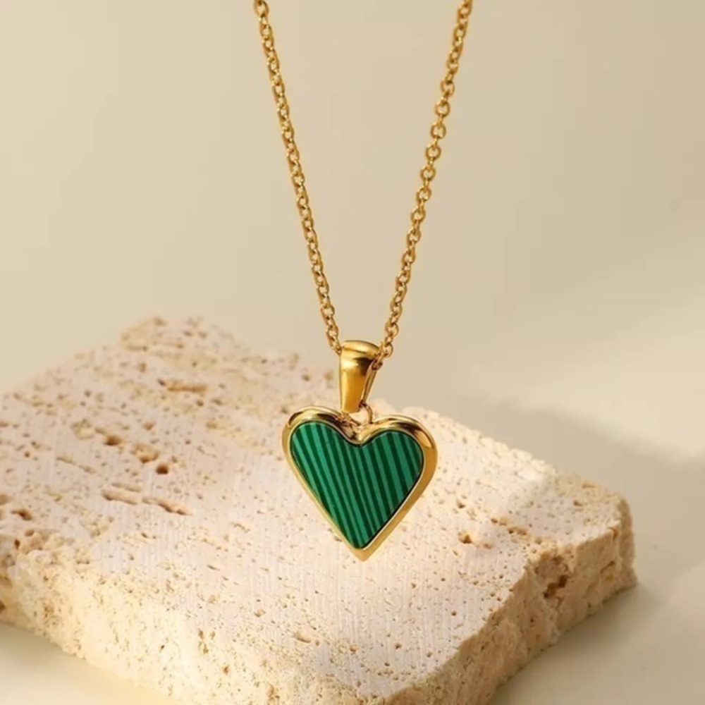 Stainless Steel Malachite Heart Pendant Necklace